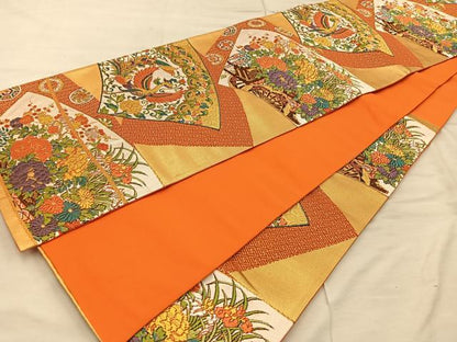 平和屋着物◎六通柄袋帯　唐織　鳳凰花車文　金糸　正絹　逸品　BAAX0482mz