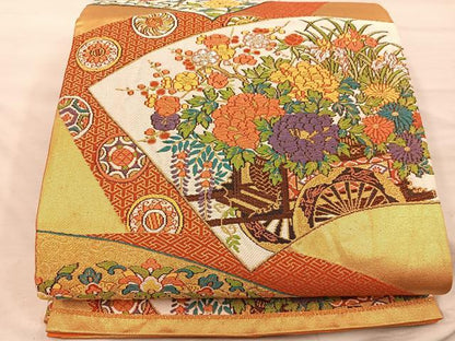 平和屋着物◎六通柄袋帯　唐織　鳳凰花車文　金糸　正絹　逸品　BAAX0482mz