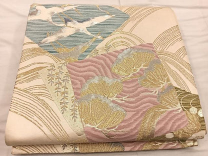 平和屋着物◎六通柄袋帯　色紙重ね飛鶴花文　金銀糸　正絹　逸品　BAAX0491mz