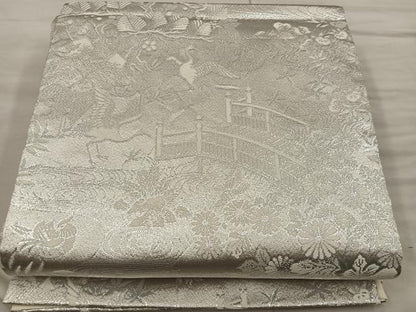 平和屋着物◎六通柄袋帯　飛鶴花文　プラチナ銀箔二重織　正絹　逸品　BAAX0509mz