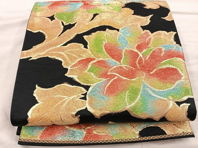 平和屋着物◎六通柄袋帯 牡丹文 黒地 金糸 正絹 逸品 BAAX0511mz
