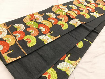 平和屋着物◎六通柄袋帯　孔雀　黒地　金糸　正絹　逸品　BAAX0516mz