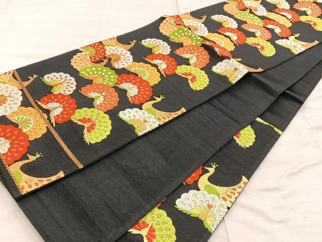 平和屋着物◎六通柄袋帯　孔雀　黒地　金糸　正絹　逸品　BAAX0516mz