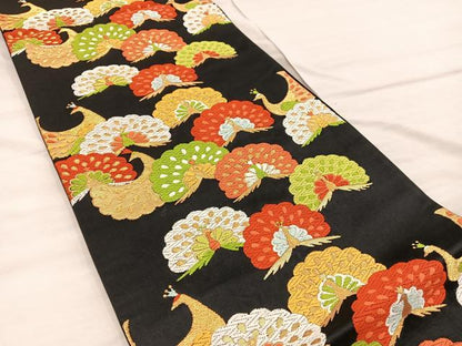 平和屋着物◎六通柄袋帯　孔雀　黒地　金糸　正絹　逸品　BAAX0516mz