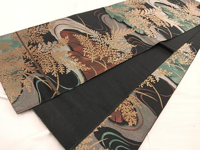 平和屋着物◎六通柄　京袋帯　流水草葉文　黒地　金銀彩　正絹　逸品　BAAX0517mz