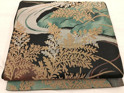 平和屋着物◎六通柄　京袋帯　流水草葉文　黒地　金銀彩　正絹　逸品　BAAX0517mz