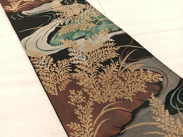 平和屋着物◎六通柄　京袋帯　流水草葉文　黒地　金銀彩　正絹　逸品　BAAX0517mz