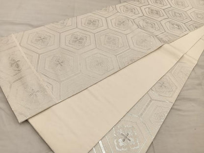 平和屋着物◎六通柄袋帯 亀甲花文 銀糸 正絹 逸品 BAAX0519mz