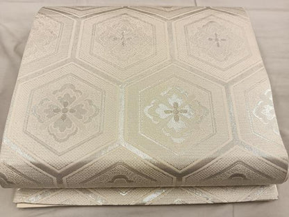 平和屋着物◎六通柄袋帯 亀甲花文 銀糸 正絹 逸品 BAAX0519mz