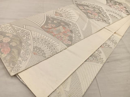 平和屋着物◎六通柄袋帯 九百錦 御所車花文 プラチナ箔 正絹 逸品 BAAX0523mz