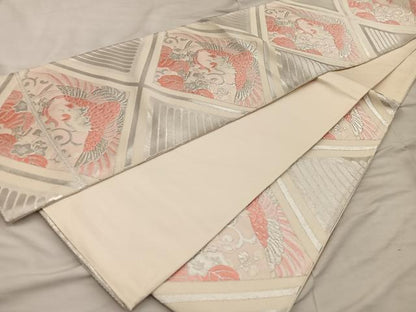 平和屋着物◎六通柄袋帯　鳳凰花文　銀糸　正絹　逸品　BAAX0530mz