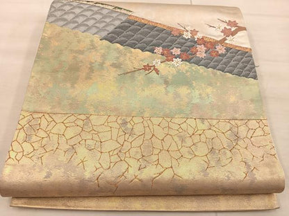 平和屋着物◎太鼓柄袋帯　風景花文　本うるし箔金　正絹　逸品　BAAX0535mz
