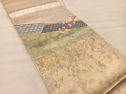 平和屋着物◎太鼓柄袋帯　風景花文　本うるし箔金　正絹　逸品　BAAX0535mz