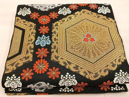 平和屋着物◎六通柄袋帯　亀甲花文　金銀糸　正絹　逸品　BAAX0538mz