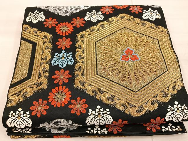 平和屋着物◎六通柄袋帯　亀甲花文　金銀糸　正絹　逸品　BAAX0538mz