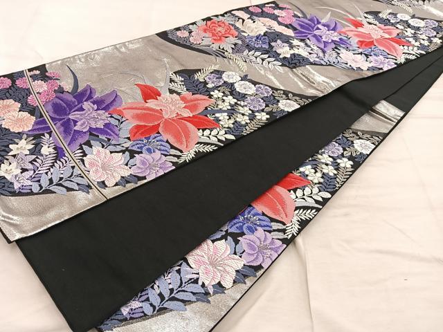 平和屋着物◎六通柄袋帯　唐織　連花遊文　　黒地　銀糸　正絹　逸品　BAAX0545mz