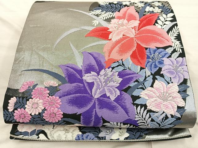 平和屋着物◎六通柄袋帯　唐織　連花遊文　　黒地　銀糸　正絹　逸品　BAAX0545mz