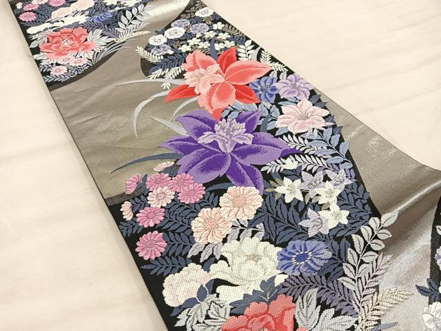 平和屋着物◎六通柄袋帯　唐織　連花遊文　　黒地　銀糸　正絹　逸品　BAAX0545mz