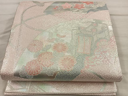 平和屋着物◎佐賀錦　六通柄袋帯　地紙重ね御所車花文　銀糸　正絹　逸品　BAAX0550mz