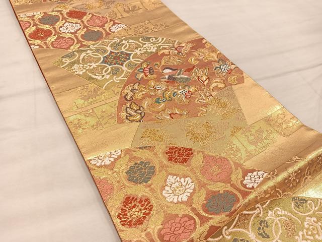 平和屋着物◎六通柄袋帯　唐織　扇正倉院文様　正絹　逸品　BAAX0558mz