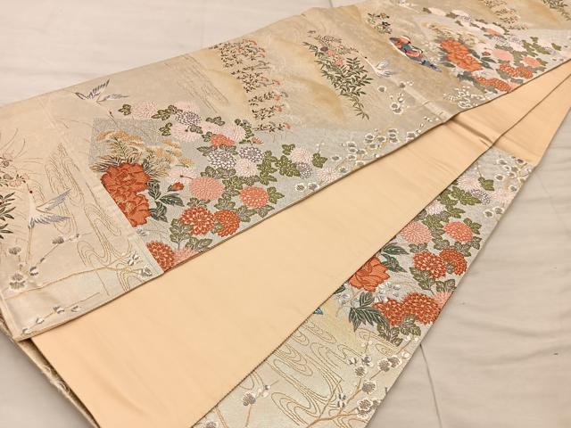 平和屋着物◎西陣　織元謹製　六通柄袋帯　鴛鴦飛鶴花文　金銀糸　引箔　正絹　逸品　BAAX0561mz