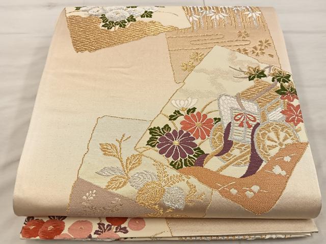 平和屋着物◎六通柄袋帯 雅 色紙重ね御所車花文 金銀糸 正絹 逸品 BAAX0564mz