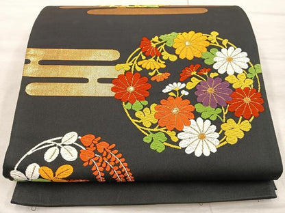 平和屋着物◎西陣 六通柄袋帯 唐織 エ霞菊花丸文 黒地 金糸 正絹 逸品 BAAX0565mz