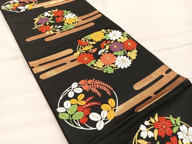 平和屋着物◎西陣 六通柄袋帯 唐織 エ霞菊花丸文 黒地 金糸 正絹 逸品 BAAX0565mz