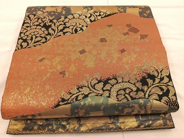平和屋着物◎西陣 服部織物謹製 六通柄袋帯 こはく錦 草葉文 黒地 金糸 正絹 逸品 BAAX0578mz