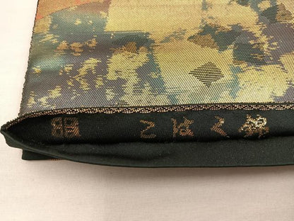 平和屋着物◎西陣 服部織物謹製 六通柄袋帯 こはく錦 草葉文 黒地 金糸 正絹 逸品 BAAX0578mz