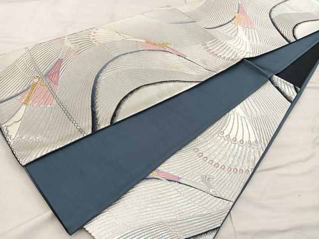 平和屋着物◎六通柄袋帯 唐織 孔雀文 銀糸 正絹 逸品 BAAX0581mz