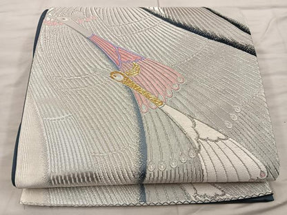 平和屋着物◎六通柄袋帯 唐織 孔雀文 銀糸 正絹 逸品 BAAX0581mz