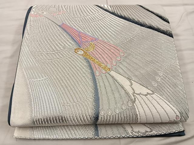 平和屋着物◎六通柄袋帯 唐織 孔雀文 銀糸 正絹 逸品 BAAX0581mz