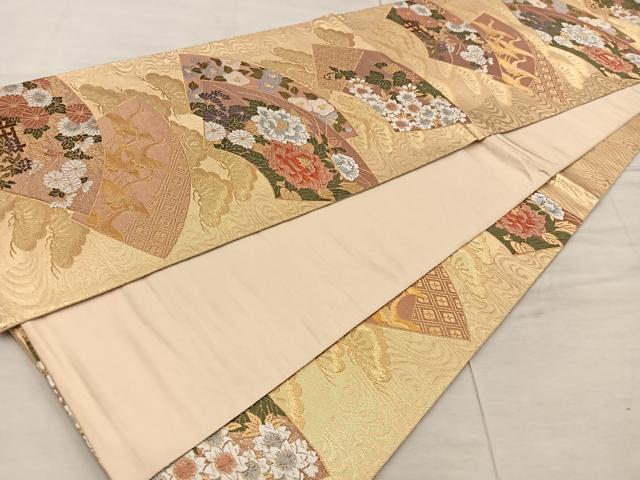平和屋着物◎六通柄袋帯 唐織 地紙重ね飛鶴花文 金糸 正絹 逸品 BAAX0588mz
