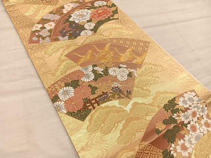 平和屋着物◎六通柄袋帯 唐織 地紙重ね飛鶴花文 金糸 正絹 逸品 BAAX0588mz