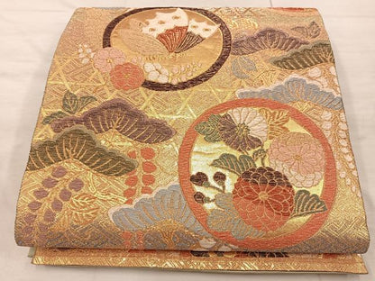 平和屋着物◎六通柄袋帯　舞蝶花丸文　金糸「　正絹　逸品　BAAX0598mz