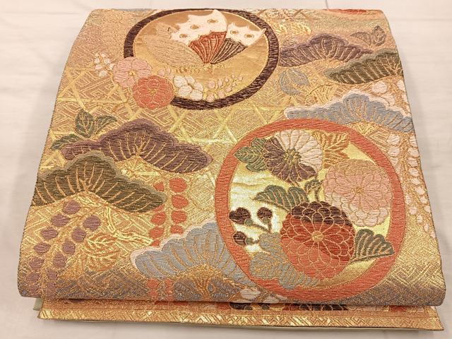 平和屋着物◎六通柄袋帯　舞蝶花丸文　金糸「　正絹　逸品　BAAX0598mz