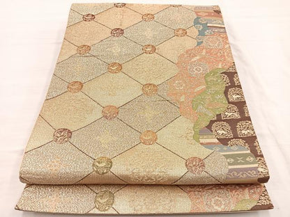 平和屋着物◎六通柄袋帯　菱天井花鳥文　金銀糸　正絹　逸品　BAAX0603hv