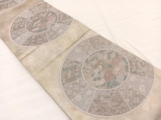 平和屋着物◎六通柄袋帯　花絵皿文　銀糸　正絹　逸品　BAAX0605hv