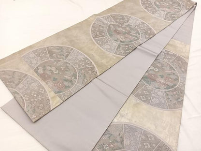 平和屋着物◎六通柄袋帯　花絵皿文　銀糸　正絹　逸品　BAAX0605hv