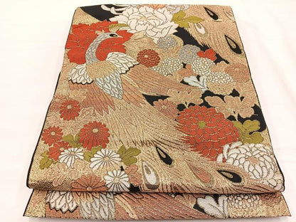 平和屋着物◎六通柄　本袋帯　唐織　孔雀花文　黒地　金銀糸　正絹　逸品　BAAX0624hv