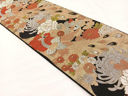平和屋着物◎六通柄　本袋帯　唐織　孔雀花文　黒地　金銀糸　正絹　逸品　BAAX0624hv
