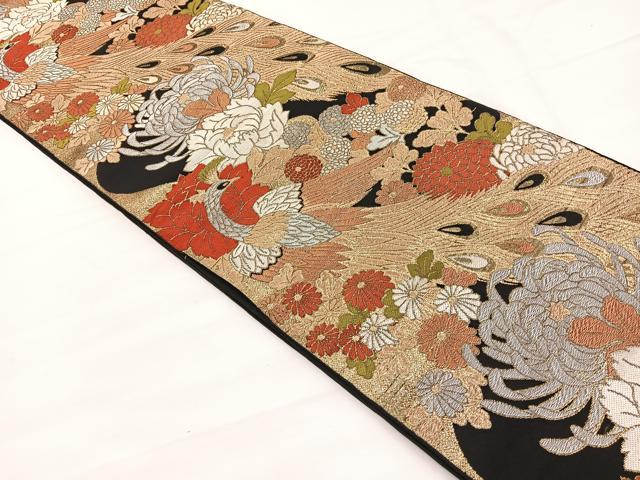 平和屋着物◎六通柄　本袋帯　唐織　孔雀花文　黒地　金銀糸　正絹　逸品　BAAX0624hv