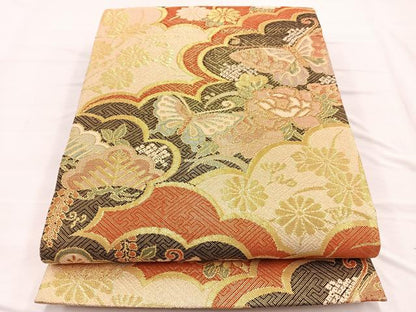 平和屋着物◎佐賀錦　六通柄袋帯　雲取り花蝶文　金糸　正絹　逸品　BAAX0626hv