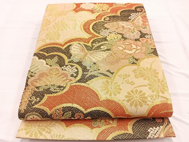 平和屋着物◎佐賀錦　六通柄袋帯　雲取り花蝶文　金糸　正絹　逸品　BAAX0626hv
