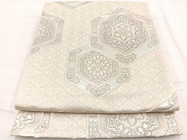 平和屋着物◎六通柄袋帯　亀甲花文　銀糸　正絹　逸品　BAAX0631hv