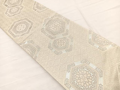 平和屋着物◎六通柄袋帯　亀甲花文　銀糸　正絹　逸品　BAAX0631hv