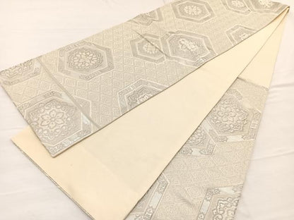 平和屋着物◎六通柄袋帯　亀甲花文　銀糸　正絹　逸品　BAAX0631hv