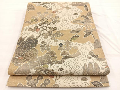 平和屋着物◎六通柄袋帯　唐織　流水花文　金彩　正絹　逸品　BAAX0637hv