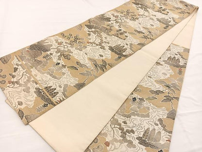 平和屋着物◎六通柄袋帯　唐織　流水花文　金彩　正絹　逸品　BAAX0637hv